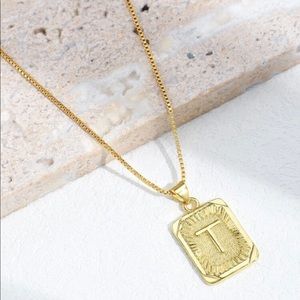 Gold Plated Letter “T” Initial Engraved Charm Tag Box Chain Necklace